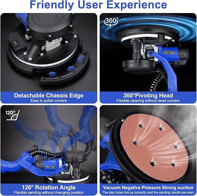 Drywall Sander, 1000W Popcorn Ceiling Removal Tool, Foldable Automatic Drywall Sander with Vacuum Dust Collection, LED Light, 6 Variable Speed 800-2200RPM,15Pcs Sanding Discs (Blue）