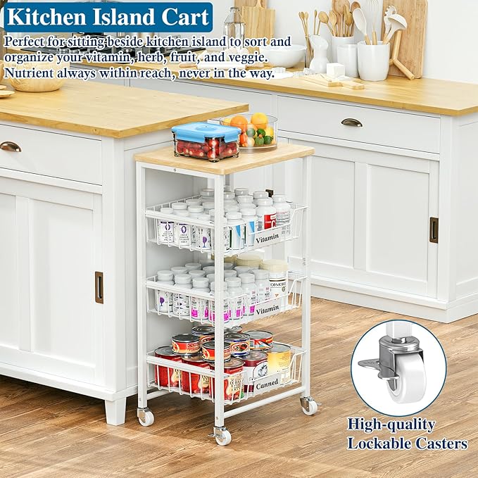 4-Tier Small Kitchen Storage Cart on Wheels with Pull-Out Drawers, Rolling Pantry and Snack Organizer Cart with Wood Top, Kitchen Floor Fruit Basket Stand for Fruit Potato Onion Veggie Snack
