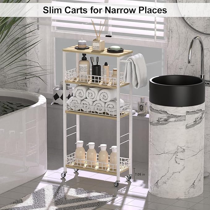 Slim Storage Cart White Narrow Storage Cabinet 4 Tier Laundry Room Organization Mobile Bathroom Shelving Unit Organizer Rolling Utility Cart Slide Out Kitchen Cart Tower Rack for Narrow Places 7.08’’W