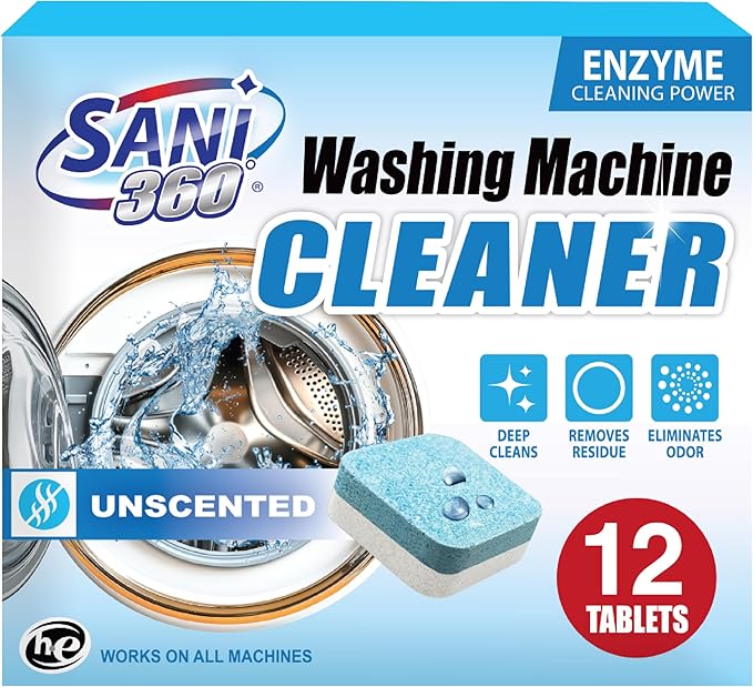 SANI 360° Washing Machine Cleaning tablets, 12 pack is Formulated with Enzyme, Deep Cleans and Deodorizes Front and Top Loading Washers use up to 1-year supply Unscented