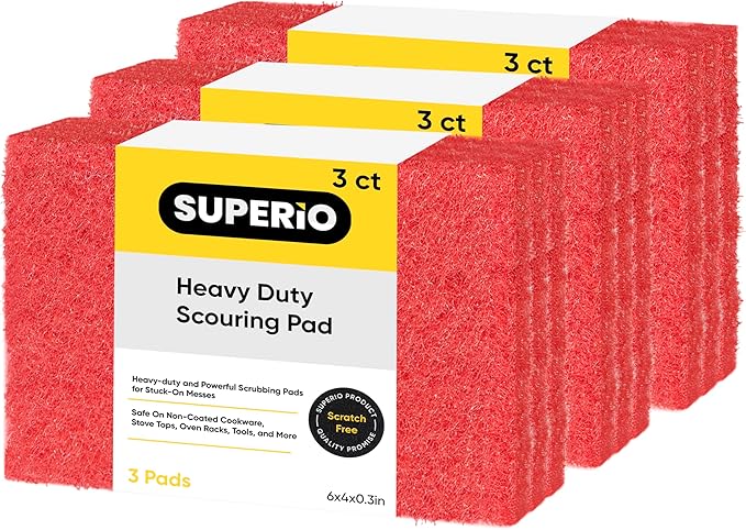 Scouring Pad Non-Scratching Scrubber Non-Scratch Cleaning Scrub Pads Heavy Duty Scouring Pad Reusable Kitchen Scrubbing Pad Pack of 9 Red, by Superio