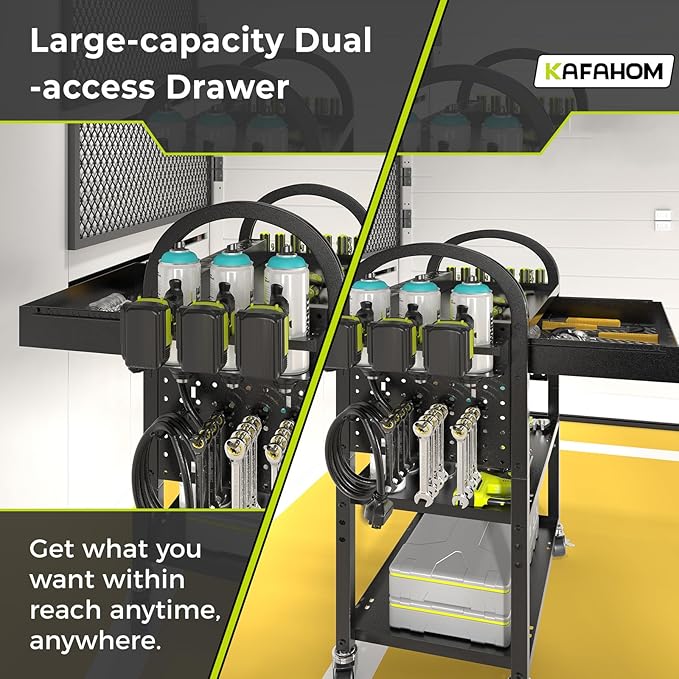 KAFAHOM Power Tool Cart with Charging Station, Rolling Cart with Drawer, Heavy Duty Power Tool Organizer with 360 Silent Wheels, Storage for Garage, Warehouse & Repair Shop