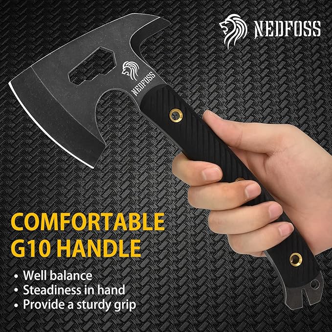 NedFoss Bison 9.8" Tactical Hatchet Axe, Tomahawk Hatchet with Genuine Leather Sheath and G10 Handle, Compact Camping Gear Bearded Axe, Multifunctional Survival Axe with Spike Tools, Camping Axe