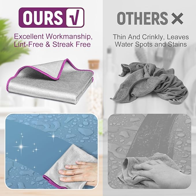 Microfiber Cleaning Cloth Polishing Glass Cleaner Absorbent Kitchen Towel Quick Drying Miracle Lint Free Rags for Household Auto Detailing Bathroom, Pack of 6, 12 x 12 Inch, Sliver-Purple