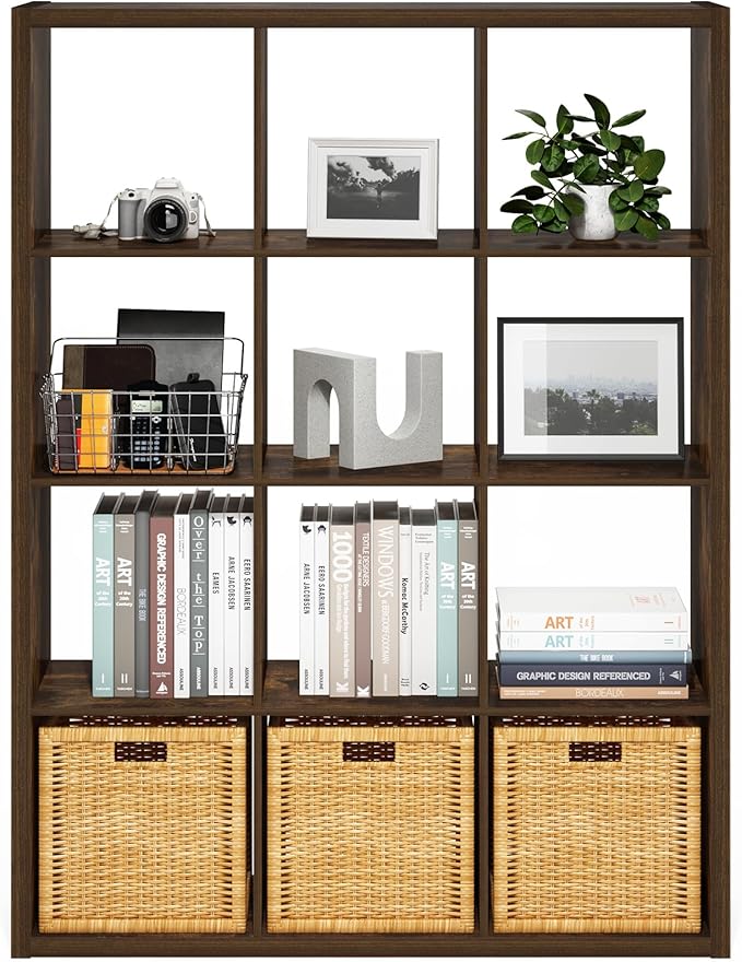 Furinno Cubicle Open Back Decorative Cube Storage Organizer, 12-Cube, Amber Pine