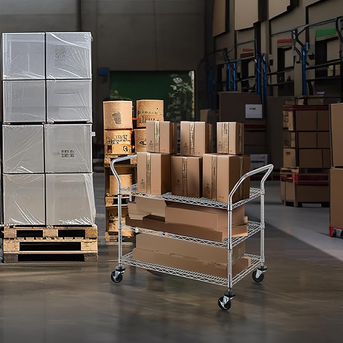 Finnhomy 3-Tier Commercial Grade Rolling Cart, Heavy Duty Utility Cart with Wheels and Handles, Metal Kitchen Carts on Wheels with 600 lbs Capacity, Shelf Size 24" D x 40" W, NSF