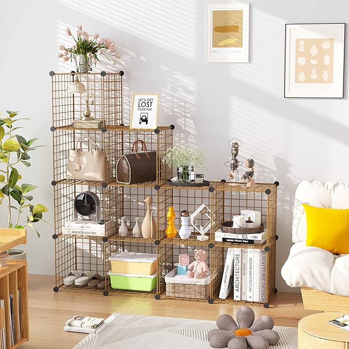 C&AHOME Wire Cube Storage, 12 - Cube Organizer Metal C Grids, Modular Shelves Units, Closet Organizer, Ideal for Home, Office, Living Room, 36.6”L x 12.4”W 48.4”H, Brown UWCS3012R