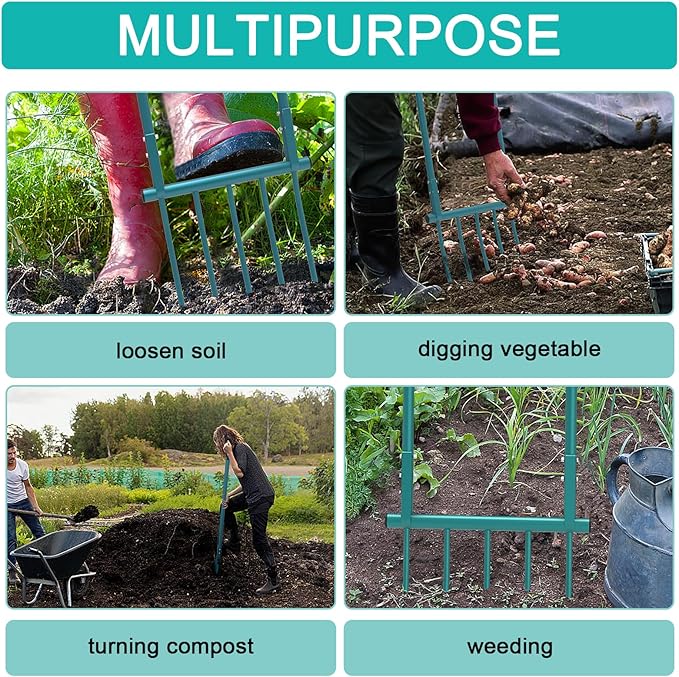 5 Tines 20 in Wide Heavy Duty Pitch Fork for Gardening Spading, Ergonomic Stainless Steel Digging Fork, 55 inch Heigh Handled Broad Fork Garden Tool Claw Weeder Soil Tiller Cultivator Aerate Clay Soil