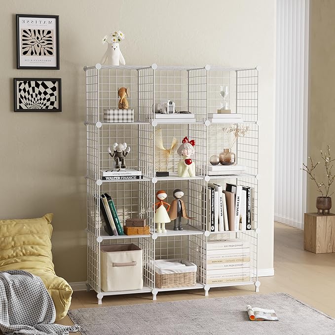 12-Cube Storage Organizer, Metal Wire Cube Shelving Unit, 11.8" L x 11.8" W x 11.8" H, Modular Grid Bookshelf for Closet, Bedroom, Office, White ATTJL12W