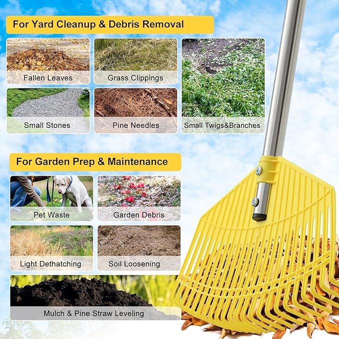 Lightweight Leaf Rake for Lawn & Garden - Durable Nylon Plastic Head, Easy Yard Cleanup for Women, Seniors & Kids, 16.5" Wide Rake for Leaves, Grass & Pine Needles, Adjustable Handle 35–50"