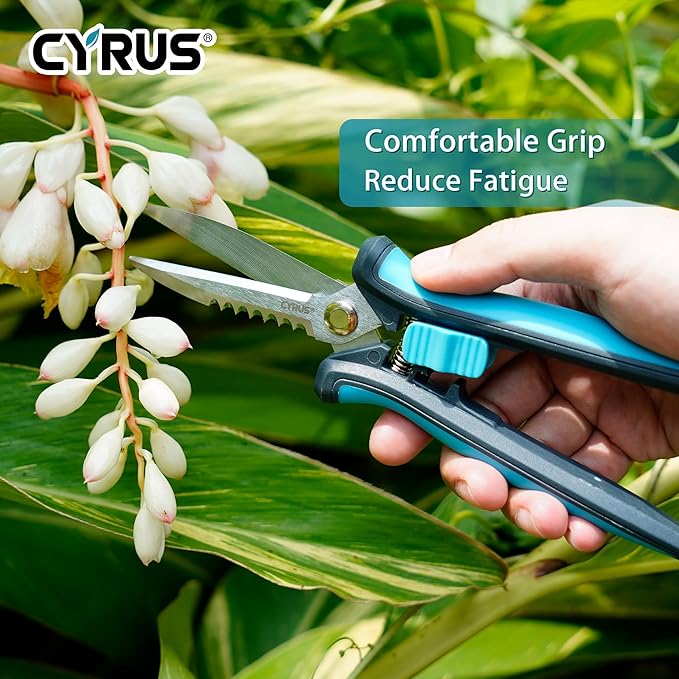 CYRUS Pruning Shears 8" Hand Gardening Scissors Extended Straight Carbon Blades Trimming Precision Bud Scissors with Sharp Serrations Widely Used for Gardening, Hydroponics, Grow Tents-CYRUS