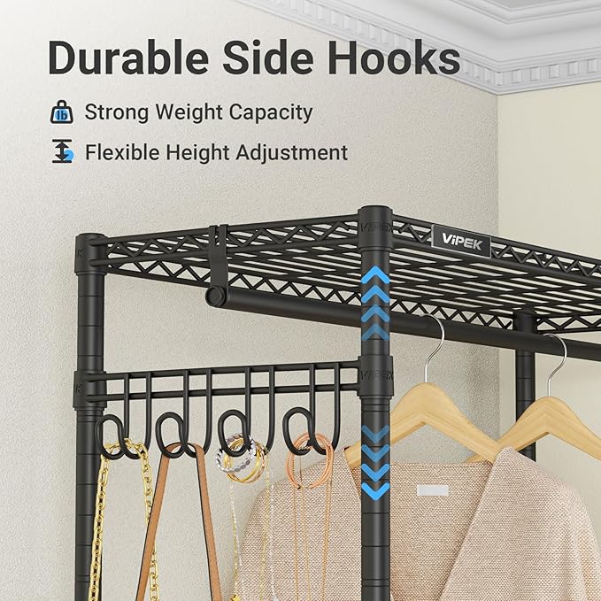 VIPEK R2 Medium Rolling Clothes Rack Heavy Duty Clothing Rack for Hanging Clothes Adjustable Metal Wire Shelving Portable Closet with Wheels Side Hooks, Freestanding Closet Wardrobe, Black