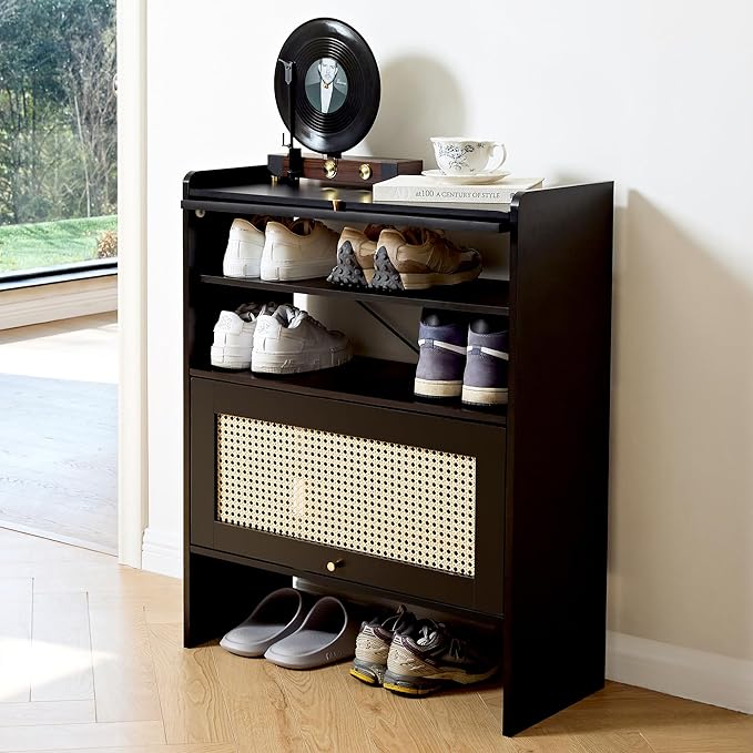 Netsatr Shoe Cabinet with Doors, 5-Tier Shoe Storage Cabinet with Adjustable Shelves, Shoes Rack Organizer Cabinet, Boho Rattan Farmhouse Storage Cabinet for Entryway, Hallway, Front Door, Black