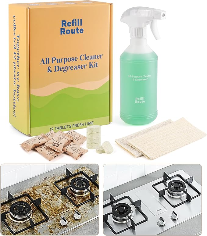 Kitchen Cleaner Spray, All Purpose Cleaner Kit, StoveTop Cleaner, Multi Purpose Cleaner Degreaser Tablets for Multi-Surfaces, Kitchen, Countertops, Ovens, Fresh Lime Scent, No-rinse Formula,192oz