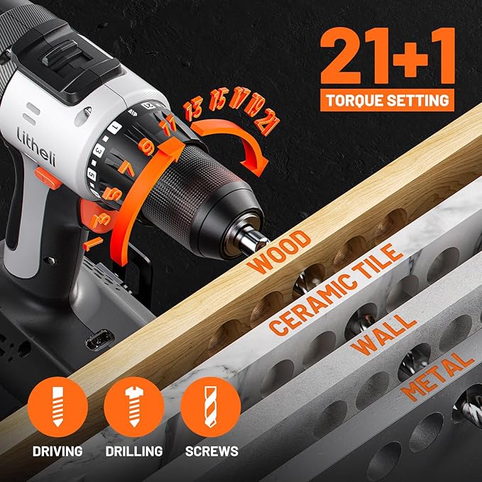 Litheli 20V Cordless Drill Driver, 1/2" Keyless Chuck, 2-Speed Electric Power Drill with 21+1 Torque Settings, Max 443 In-lbs, Battery Powered Drill for DIY, Woodworking & Home Projects
