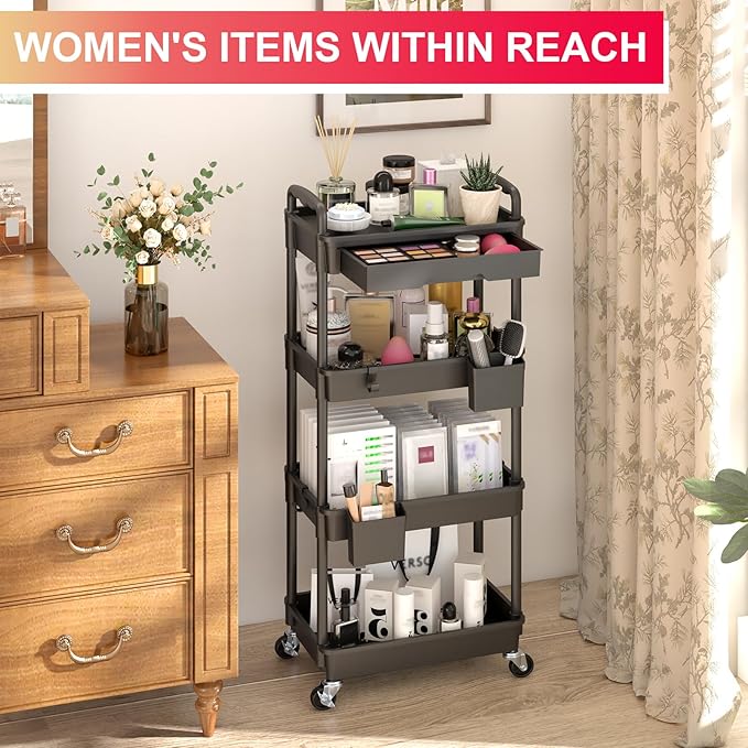 Goovilla 4 Tier Rolling Utility Cart Organizer with Removable Drawer, Stable and Sturdy Black Rolling Storage Carts with 2 Lockable Wheels for Bathroom, Kitchen, Snack, Craft, Makeup, Baby Essentials