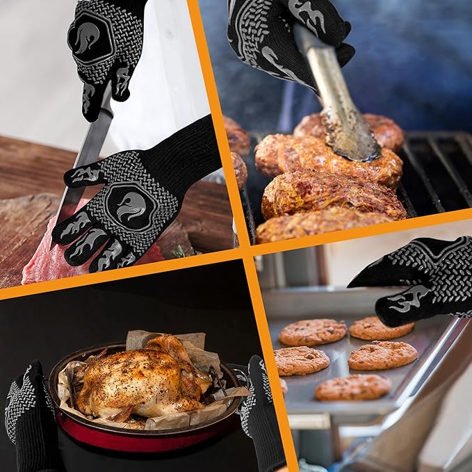 BBQ Fireproof Gloves, Grill Cut-Resistant Gloves 1472°F Heat Resistant Gloves, Non-Slip Silicone Oven Gloves, Kitchen Safe Cooking Gloves for Oven Mitts,Barbecue,Cooking, Frying,13.5 Inch-Grey