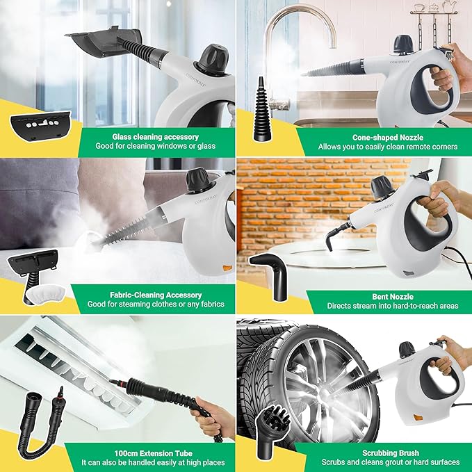 Comforday Multi-Purpose Steam Cleaner with 9-Piece Accessories, Pressurized Handheld Steam Cleaner, Perfect for Stain Removal, Curtains, Car Seats, Floor, Bathroom (White)