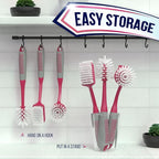 Dish Brush Set of 4 - Kitchen Scrub Brushes with Non-Slip Long Handle for Cleaning, Scrubber, Dishwashing, Dishes, Bottles, Straws, Cups, Pots & Sink, Red