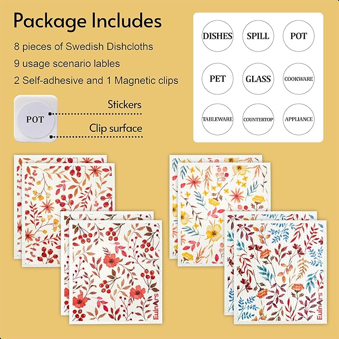 Swedish Dishcloths for Kitchen, 8 Pack Watercolor Reusable Paper Towels with Clips, Non-Scratch Swedish Kitchen Towels, Super Absorbent Cellulose Sponge Cloths, Dishwasher Safe, No Odor