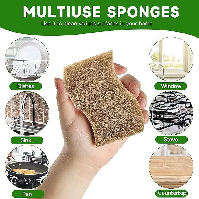 10 Pack Biodegradable Natural Sponges Kitchen - Compostable Cellulose and Coconut Walnut Scrubber Sponge - Non Scratch Eco Friendly Quick Drying Sponges for Dishes
