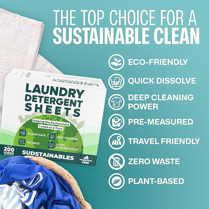 Sudstainables Eco Friendly Laundry Detergent Sheets - (200 Count), Unscented, Zero Waste, Plastic Free, Ultra Cleaning Strength, Sensitive Skin Safe, Saves Space
