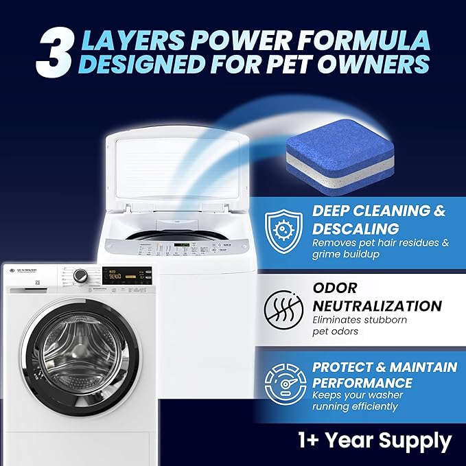 Washer & Dishwasher Cleaner Tablets - 2-in-1 Deep Cleaning for Pet Owners - Remove Pet Hair, Smells & Hard Water Build-Up - HE & Septic Safe - Scented Descaler Pods with Citric Acid - 28 Tabs, Citrus