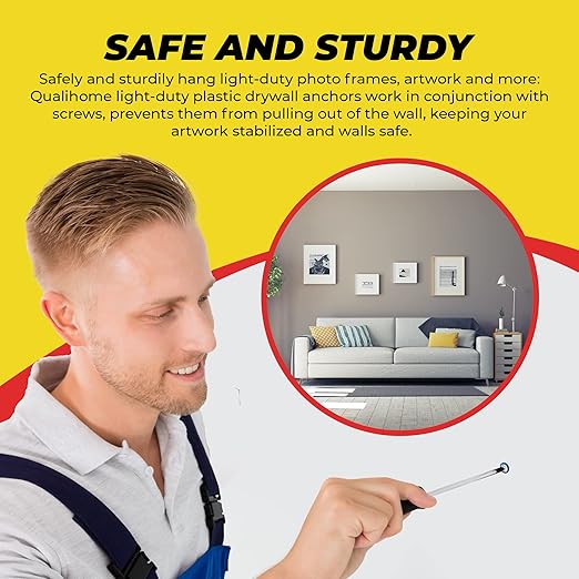 Qualihome Drywall Anchors Premium Quality Ribbed Lightweight Plastic Anchors for Hollow Walls – Wall Hanging Anchor Kit for Pictures, Artwork & Light Duty Anchoring Application (#10-12 x 1)