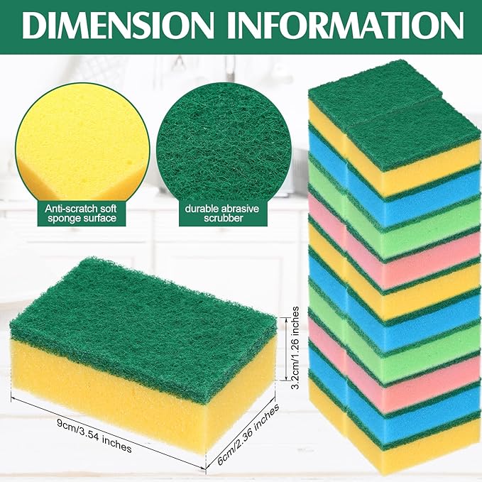 Patelai 100 Pcs Heavy Duty Cleaning Scrub Sponges for Kitchen Abrasive Scrubber Sponge Bulk One Scouring Scrubbing One Absorbent Dish for Washing Dishes Kitchen, Assorted Colors