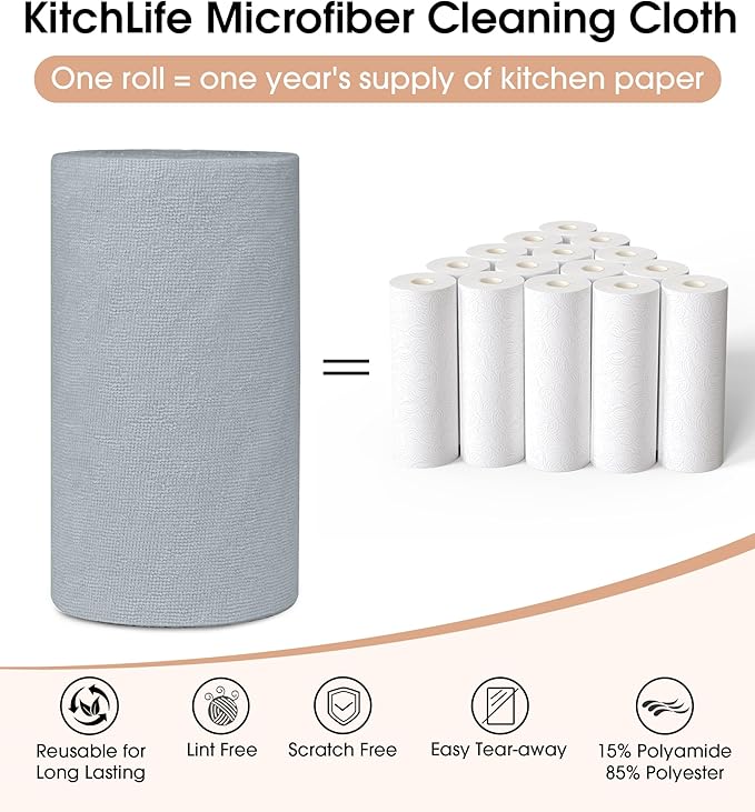 KitchLife Microfiber Cleaning Cloth Roll, 100 Pack - Tear-Away Microfiber Paper Towels, Lint-Free, Reusable, Washable for Kitchen, Car, Dishes, and Sensitive Surfaces (Grey)