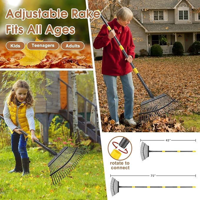 Leaf Rake 18” Wide Heavy Duty Metal 25 Tines Garden Rake Set with 30-75” Adjustable Long Handle for Yard Grass Shrub Mulch Including 32Gallon Garden Bag Leaf Scoops