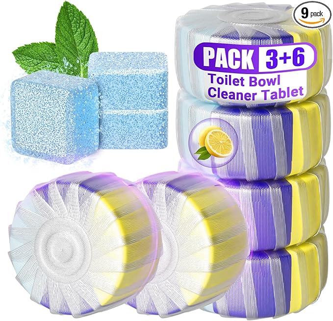 Upgraded Toilet Bowl Cleaners, 6PCS Triple Effect Toilet Cleaner with 3PCS Toilet Tank Cleaners Tablets with Bleach, Toilet Bowl Cleaner Tablets Drop in Tank for Deodorizing & Descaling(9 Pack)