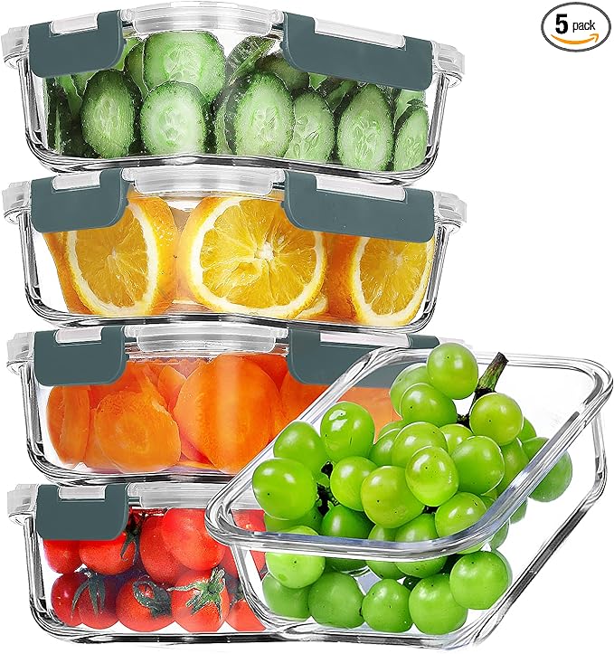 VERONES 5 Pack 36 OZ Glass Meal Prep Containers, Airtight Glass Lunch Containers Set, Glass Food Storage Containers with Lids,Exclusive of BPA, for Microwave, Oven, Freezer & Dishwasher Friendly,Grey