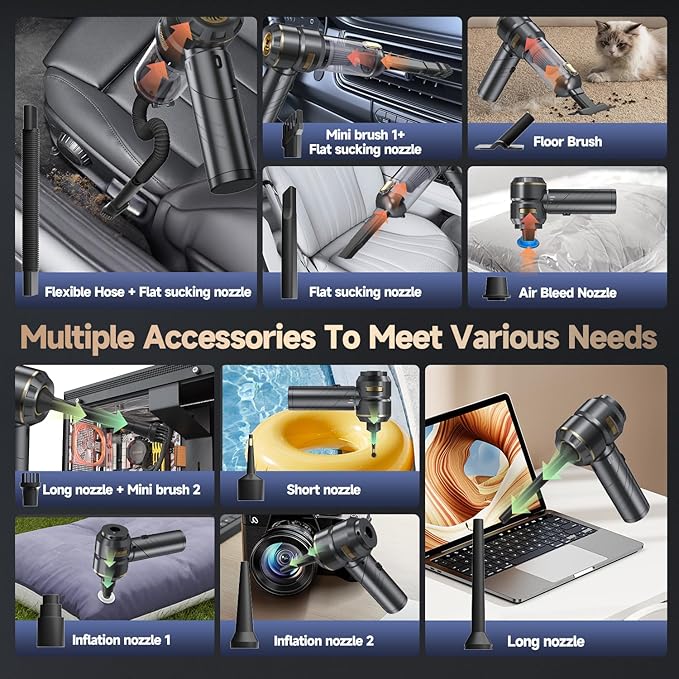 Car Vacuum Portable Cordless, Foldable Handheld Vacuum with Brushless Motor, 22000PA High Power Mini Hand Vacuum Cleaner & Air Blower & Duster & Pump for Home, Pet, Office