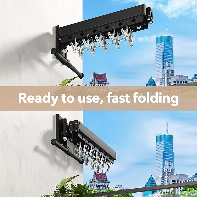 Wall Mounted Clothes Hanger,Clothes Drying Rack,Laundry Drying Rack,Clothes Rack,Laundry Rack Wall Mount,Retractable Collapsible Drying Rack Clothing (Windproof Holes,with Clips),Black