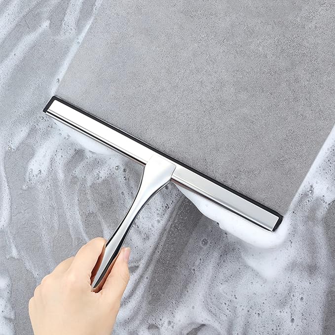 Shower Squeegee for Glass Doors,14-Inch Shower Glass Squeegee, Sliver Shower Squeegee for Shower Doors,Mirror,Windows, with Shower Door Hook and Adhesive Hook