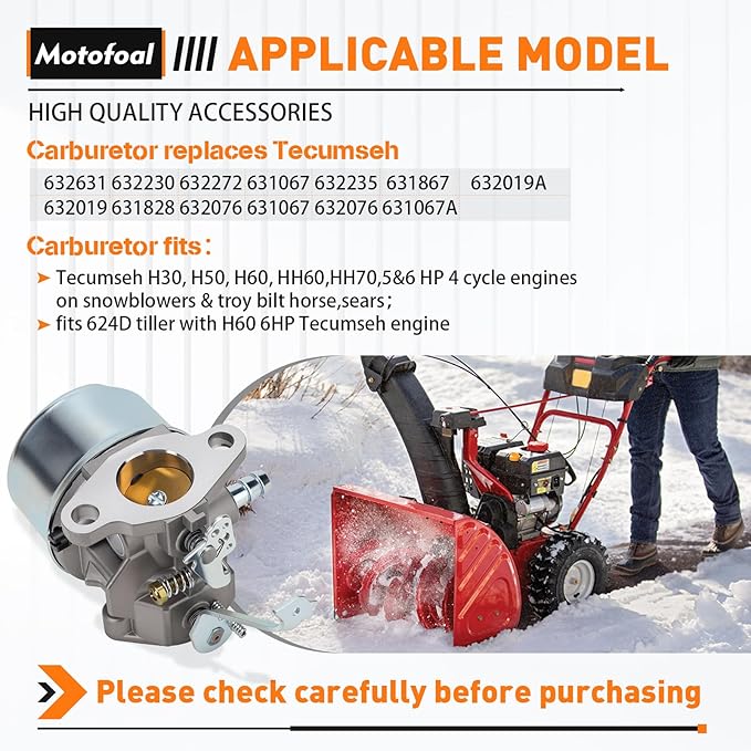632230 Carburetor for Tecumseh 5 HP 6 HP 632272 631828 631067 631067A H30 H50 H60 HH60 HH70 Engines 4 Cycle Engine Troy Bilt Tiller Toro Snowblower Sears Tillers 47279 carb with Gasket