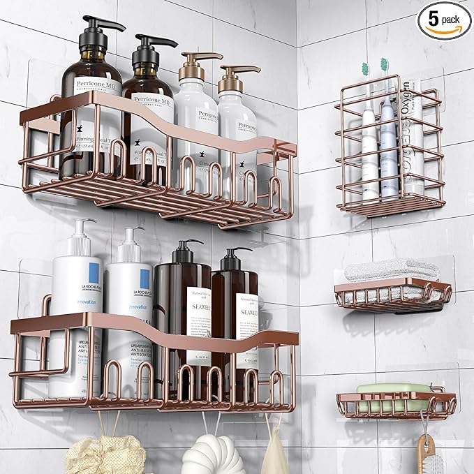 5-Pack Rustproof Stainless Steel Shower Caddy – No Drill Adhesive Bathroom Organizer with Large Capacity, Spacious Shower Shelves for Inside Shower, Kitchen & Home Decor Storage-XL Size