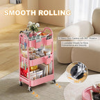 3 Tier Rolling Storage Cart Metal with Wheels, Pink Three Tiered Craft Cart Organizer on Wheels, Utility Carts for Baby Nursery, Diaper Caddy, Art, Book, Snack, Nail, Makeup, Bathroom Supplies, Mesh
