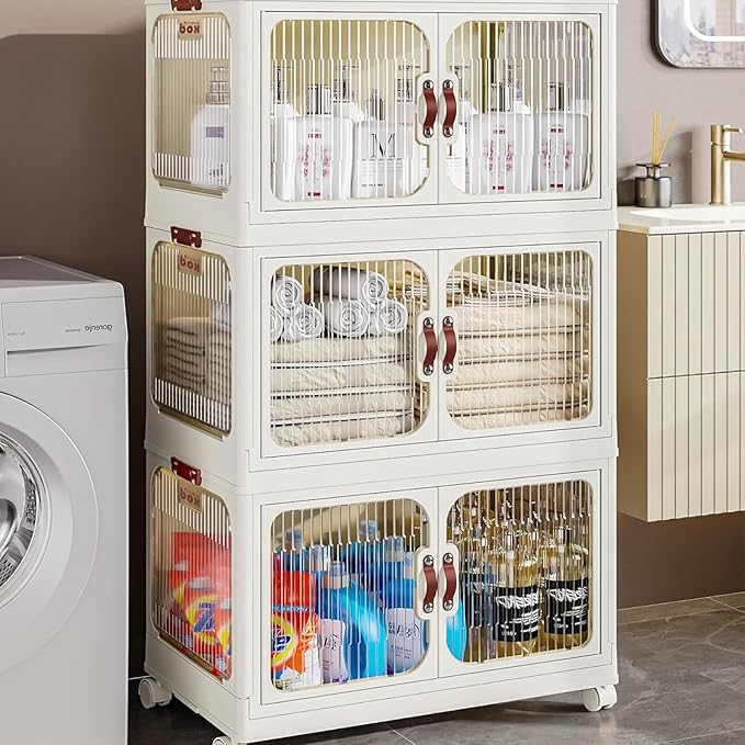 Multi-Purpose Stackable Plastic Storage Bins with Wheels & Lids - Space-Saving Foldable & Collapsible Organizers for Home, Pantry, Office, Dorm, Craft Room & Closet (3 Layers)