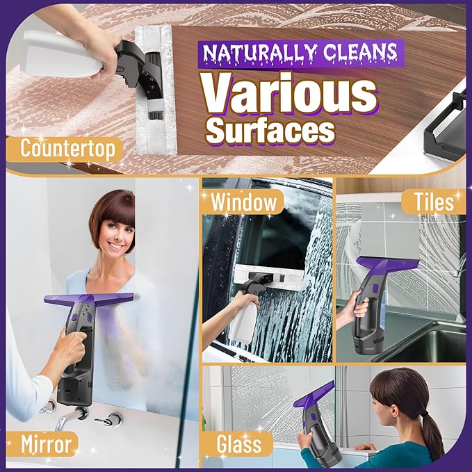 2000Pa and 2500mAh Electric Window Cleaner Tool with Gloves and 2 Cleaning Cloth, Window Vacuum Squeegee Cordless with 360ml Spray Bottle & 100ml Water Tank for Window, Mirror, Countertop, Tile