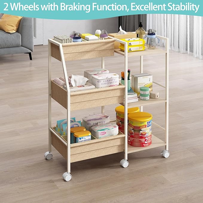 Baby Diaper Caddy Organizer Cart, 3-Tier Rolling Wheels Cart with Dividers and Shelves, Bedside Utility Cart for Nursery Essentials, Large Capacity Mobile Storage Cart for Crib, Bedroom
