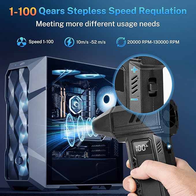 2-in-1 Electric Compressed Air Duster & Car Vacuum Cleaner - 130000RPM High Power Air Blower with LED Light 100-Gear Rechargeable Strong Keyboard Cleaner for PC, Laptop, Home, Car - Black