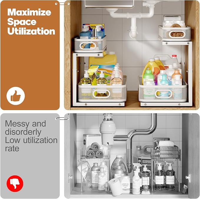 2 Pack 17.3IN-Depth Under Sink Organizer with Smooth Cylindrical Rail,2-Tier Pull Out Multi-Purpose Cabinet Storage for Bathroom&Kitchen,Height Adjustable,Rust-Resistant Coating-White