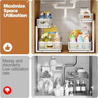 2 Pack 17.3IN-Depth Under Sink Organizer with Smooth Cylindrical Rail,2-Tier Pull Out Multi-Purpose Cabinet Storage for Bathroom&Kitchen,Height Adjustable,Rust-Resistant Coating-White