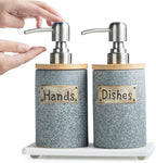 Hand and Dish Soap Dispenser Set, Ceramic Kitchen Soap Dispenser for Bathroom Lotion, Body Wash, Includes Instant Dry Tray, Collapsible Funnel, 15 Oz, Gray