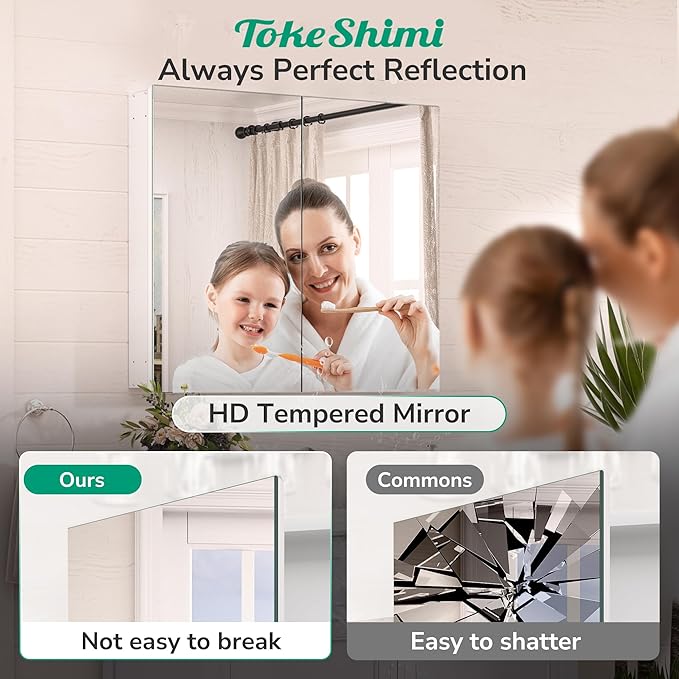 TokeShimi 30x26 Medicine Cabinet Mirror with Storage Tempered Aluminum Recessed or Wall Mounted Cabinet White with Stepless Adjustable Metal Shelves for Bathroom Vanity Modern Farmhouse
