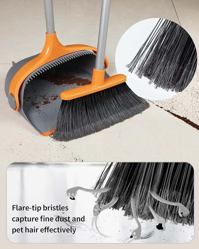 MR.SIGA Broom and Dustpan Set with Long Handle, Stand Upright Broom with Dustpan Combo for Cleaning Office, Garage, Lobby, Lightweight Sweeping Set, 51.7"(131 cm) Long Handle, Gray & Orange