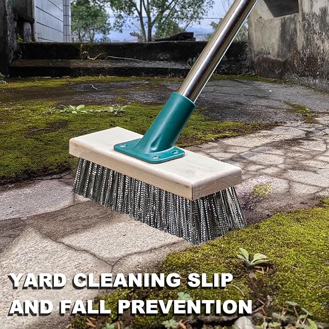 Push Broom Brush Stainless Steel Wire Scrub Brush with Long Handle for Moss, Tough Stains on Deck, Grout, Garage, Patio
