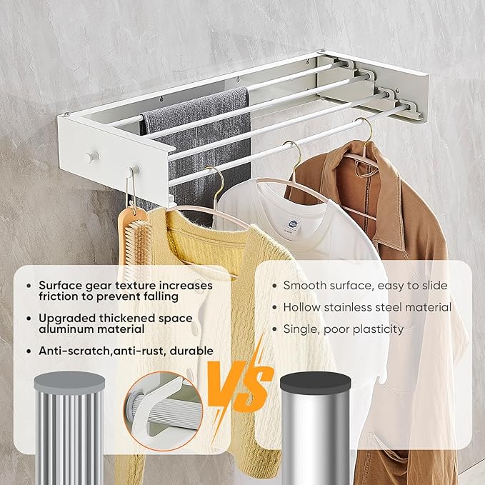 Clothes Drying Rack 20 inches Foldable Wall Mount Laundry Rack Folding Indoor Drying Rack Clothing Collapsible Hidden Space Saver with Wall Template 6 Rods White